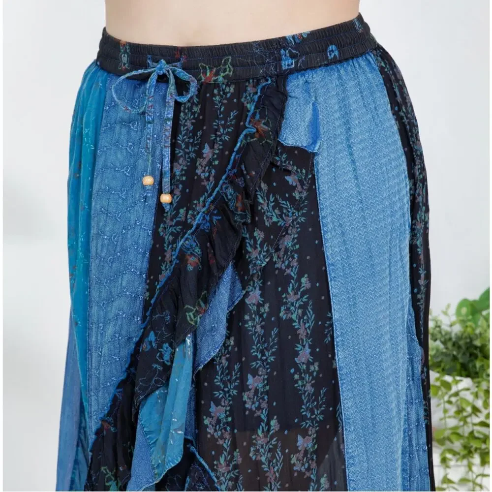 Young Threads Indigo Blue Patchwork Ruffle Wrap Midi Skirt XL - Coastal Boho